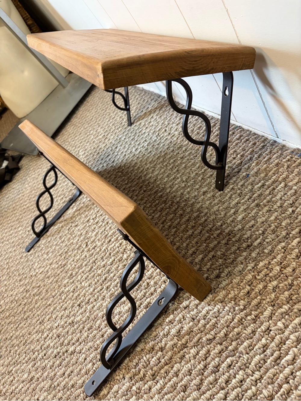 Vintage Rustic Wood Wall Shelf Wrought Iron Scroll Farmhouse Cottagecore Decor